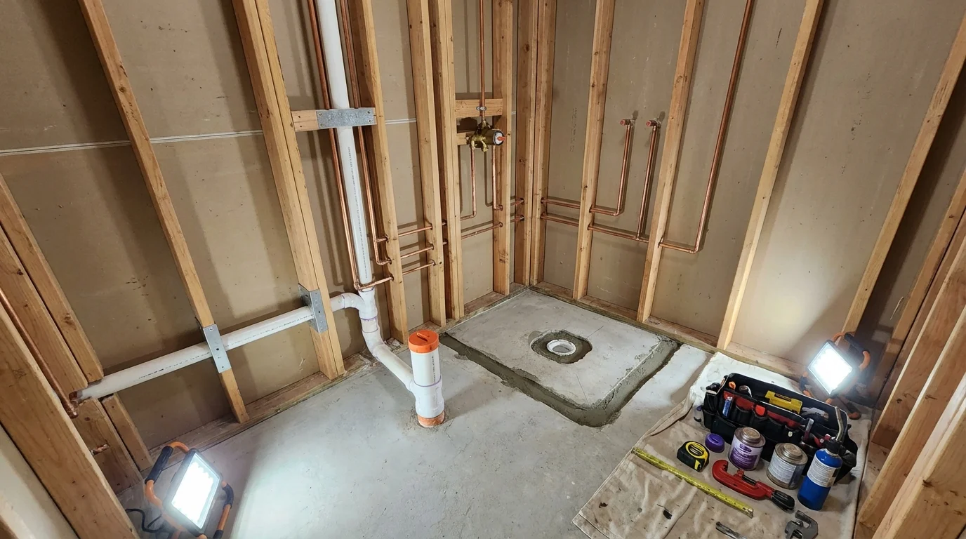Bathroom rough-in plumbing during remodel by Johns Plumbing LLC in San Martin