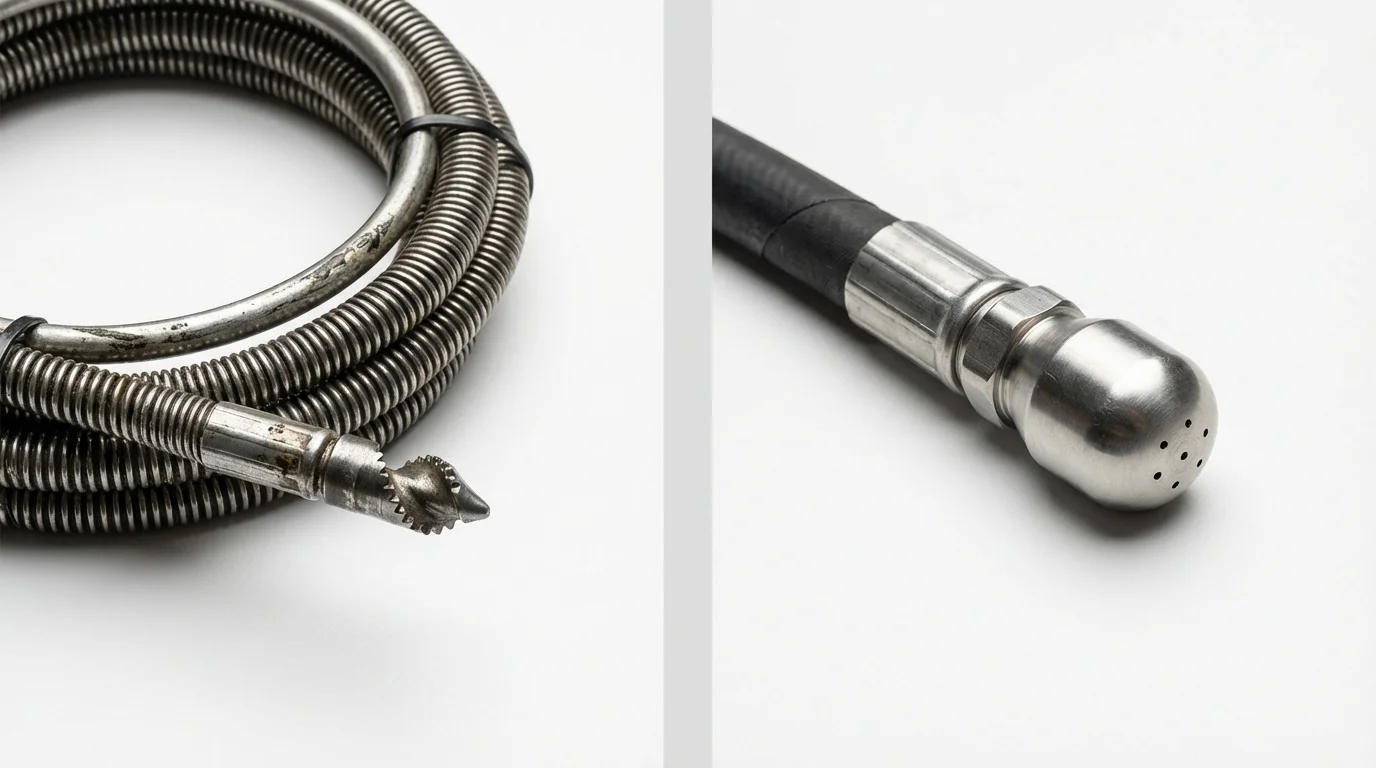 Drain snake cable and hydro jetting nozzle used for drain cleaning in San Martin, CA