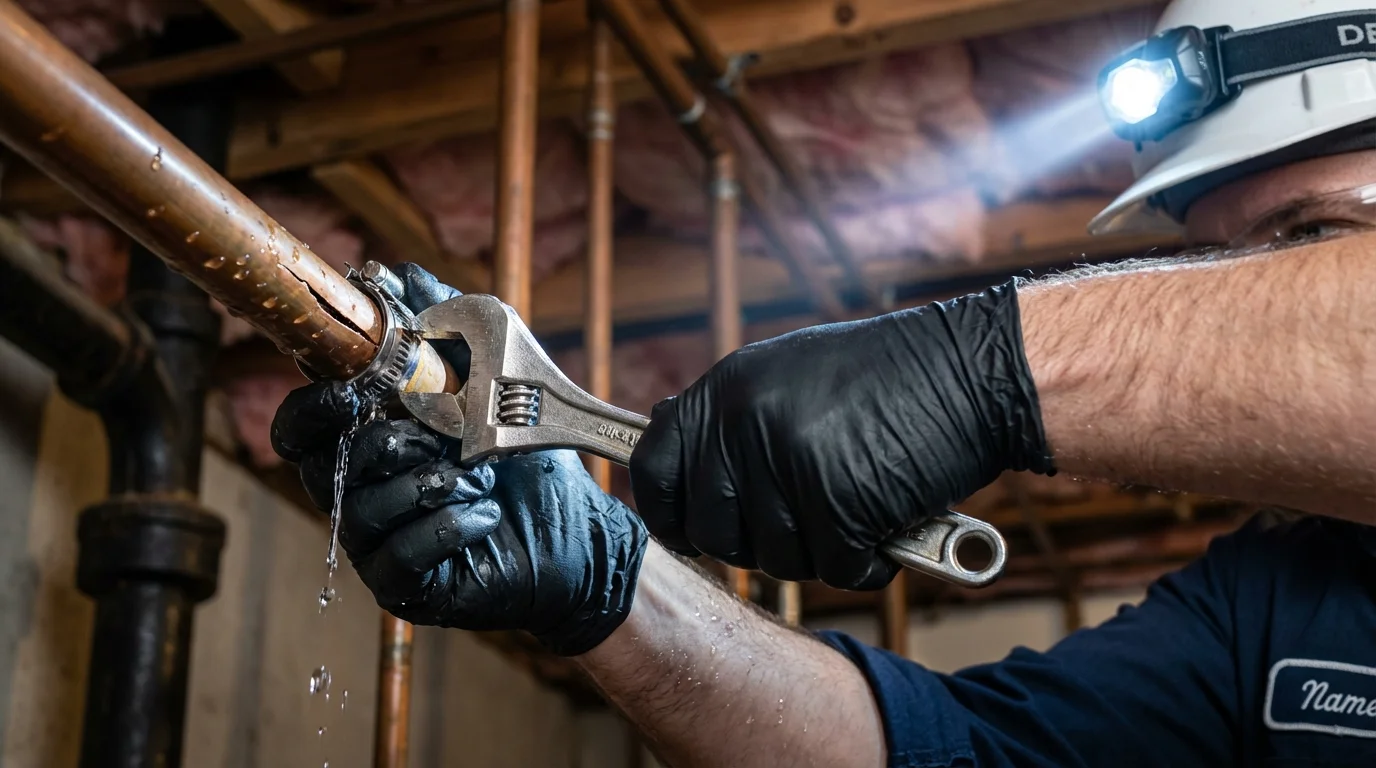 Emergency pipe clamp repair being performed by a Johns Plumbing LLC plumber in San Martin