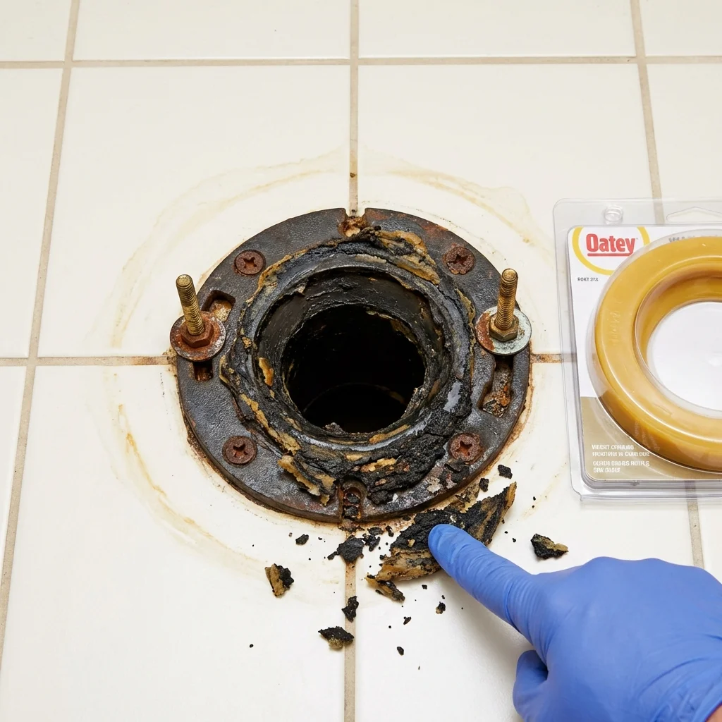 Failed wax ring showing water seepage at the base of a toilet in a San Martin, CA home