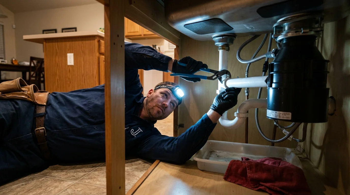 P-trap and supply line connections under a kitchen sink showing a common leak point in San Martin, CA